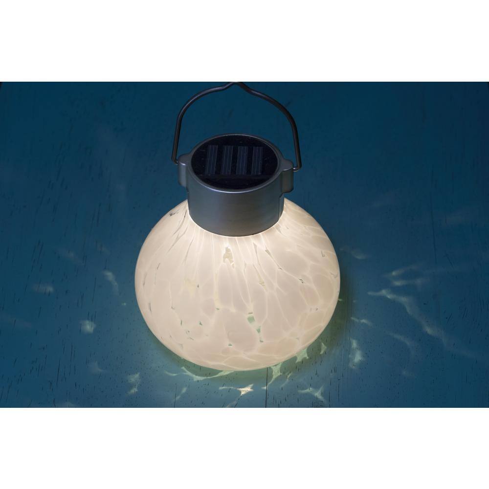 Hand-Blown White Glass Solar Tea Lantern with Steel Handle