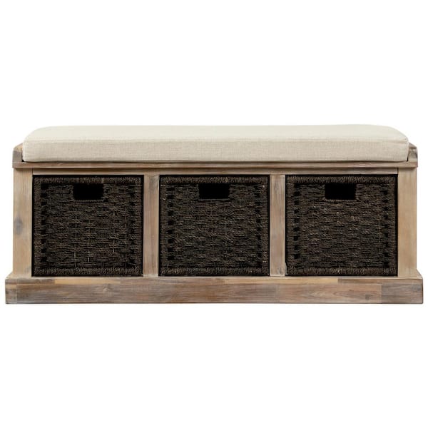 Unbranded Wooden Rustic Storage Dining Bench with 3-Removable Classic Rattan Basket Removable Cushion 43.7 in.
