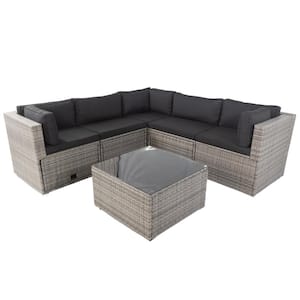 Gray 6-Piece Wicker Outdoor Patio Conversation Set with Dark Gray Cushions and 3 Storage Under Seat for Garden Backyard