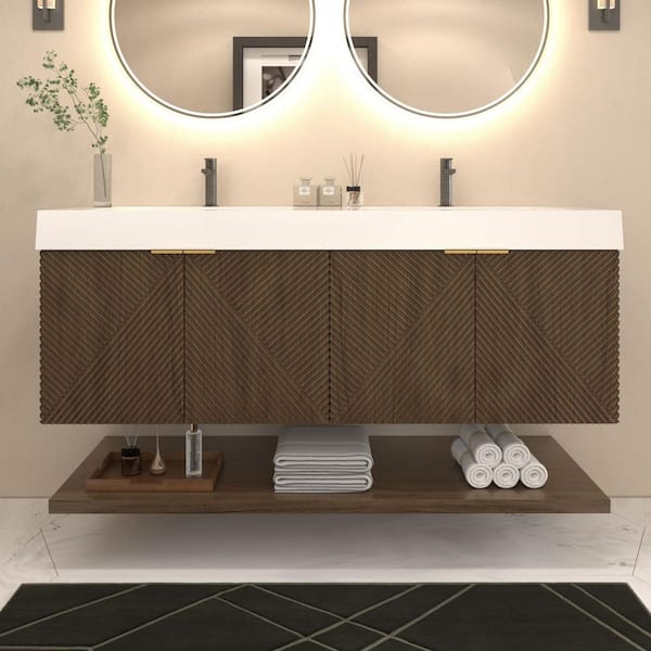 Stella 59 in. W x 20 in. D x 22 in. H Double Sink Chestnut Brown Bath Vanity with White Acrylic Top Floating Lower Shelf