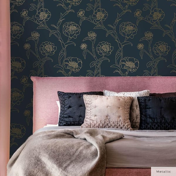 Peacock Blue and Metallic Gold Peonies Vinyl Peel and Stick Wallpaper Roll (Covers 56 sq. ft.)