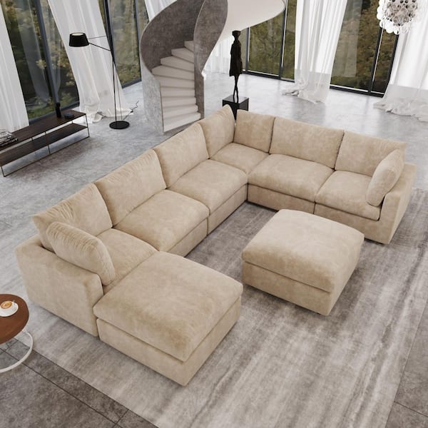 134 in. Square Arm Chenille 8-Piece Modular Free Combination Sectional Sofa with Removable Covers, Ottoman in Khaki