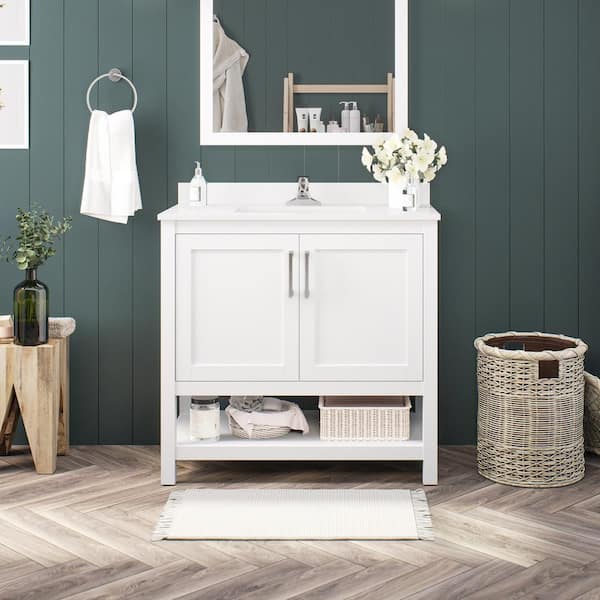 OVE Decors Vegas 36 in. W x 19 in. D x 34 in. H Single Sink Bath Vanity in White with White Engineered Stone Top