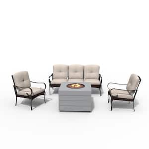 Flame 4-Piece Steel Patio Conversation Set Outdoor Square Firepit Table with Beige Cushions
