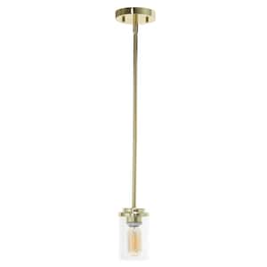 5.75 in. 1-Light Gold Standard Pendant Industrial Farmhouse Adjustable Hanging Clear Cylinder Glass