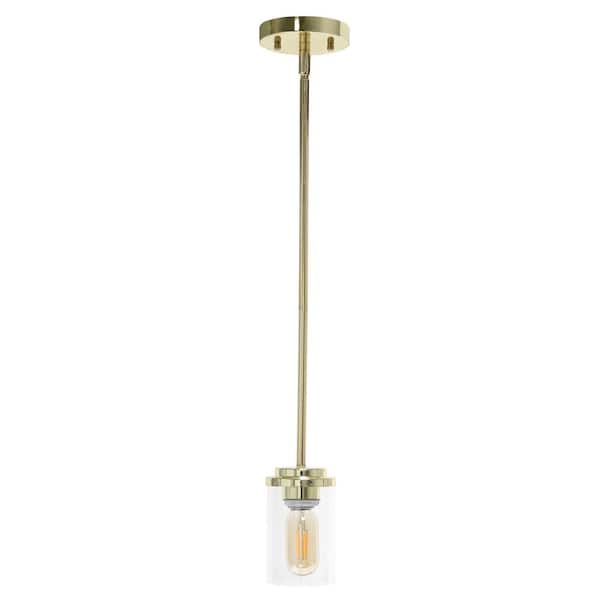 Lalia Home 5.75 in. 1-Light Gold Standard Pendant Industrial Farmhouse Adjustable Hanging Clear Cylinder Glass