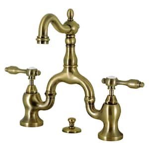 Tudor Bridge 8 in. Widespread 2-Handle Bathroom Faucet with Brass Pop-Up in Antique Brass