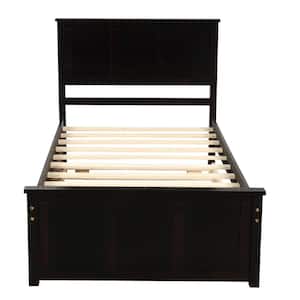 Dark Brown Wood Frame Twin Size Platform Bed, 2-Drawers with Wheels