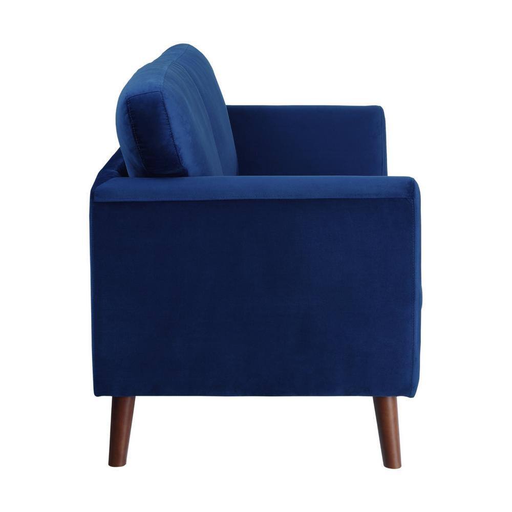58" Blue Velvet Loveseat with Dark Brown Wood Legs