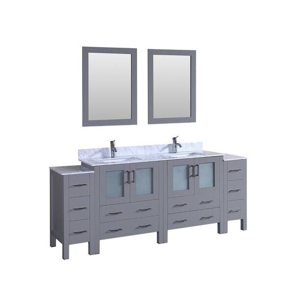 Bosconi 84 in. Double Vanity in Gray with Carrara Marble Vanity Top in Gray with White Basin Polished Chrome Faucet and Mirror