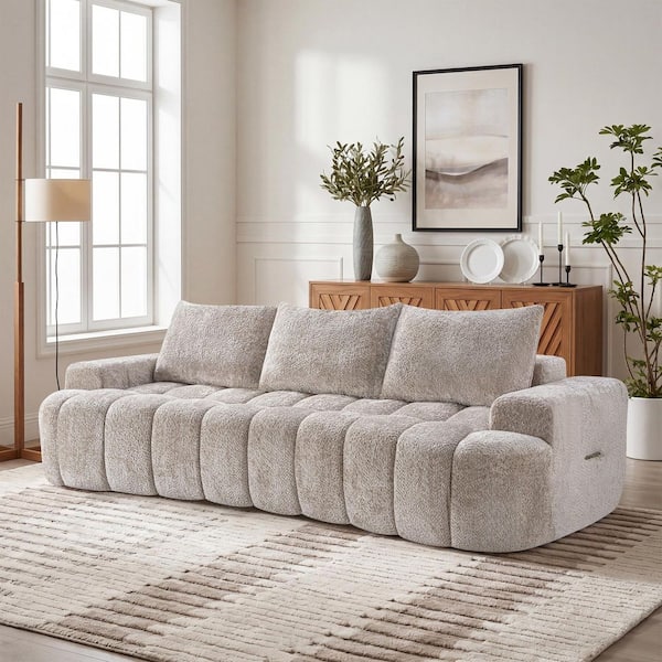 Ann Oversized 100 in. Square Arms Boucle Fabric Upholstered Curved Cloud Compressed Sofa in Camel Channel Tufted Couch