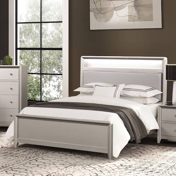 Alwin Champagne Gray Wood Frame Twin Panel Bed with LED and USB Ports on Both Sides of Bookcase Headboard