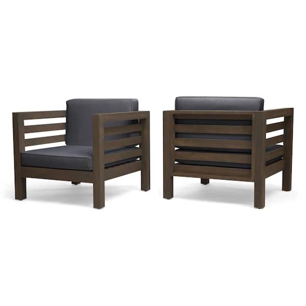 Noble House Oana Grey Removable Cushions Wood Outdoor Patio Lounge Chair with Dark Grey Cushions (2-Pack)