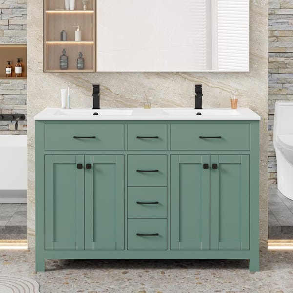 eclife 48 in. W x 18 in. D x 34 in. H 2-Sink Freestanding Bath Vanity in Green with White SMC Resin Top and Drain Faucet Set