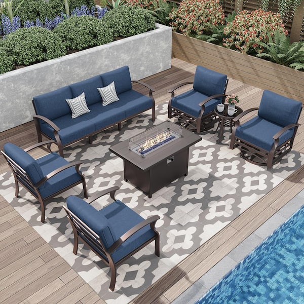 Halmuz 7-Piece Aluminum Patio Conversation Set with Armrest,Propane Fire Pit Table,Swivel Rocking Chairs and Cushion Navy Blue