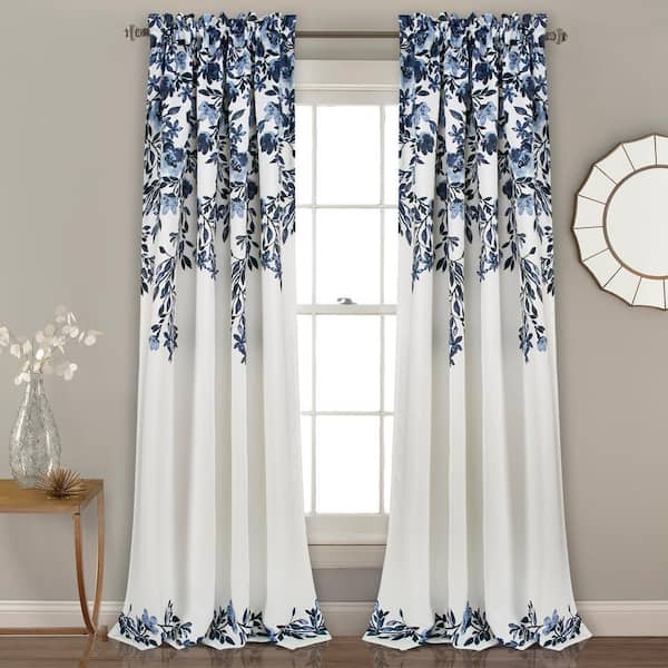 Lush Decor Navy/White Floral Rod Pocket Room Darkening Curtain - 52 in. W x 95 in. L (Set of 2)