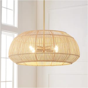 22 in. 4-Light Rattan Pendant Chandelier with Brass Canopy