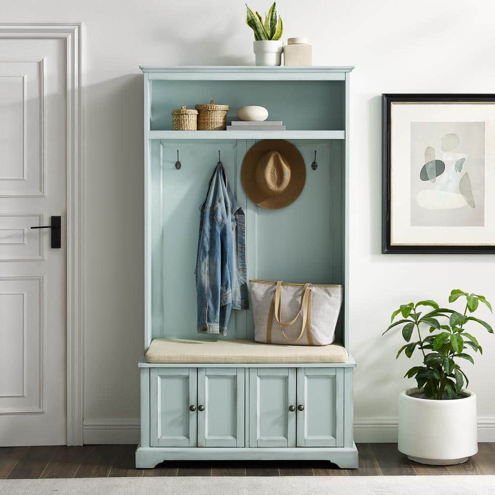 Holbrook Seafoam Blue Distressed Hall Tree with Storage Bench
