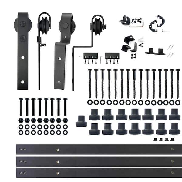 HOMACER 20 ft./240 in. Black Rustic Single Track Bypass Sliding Barn Door Track and Hardware Kit for Double Doors