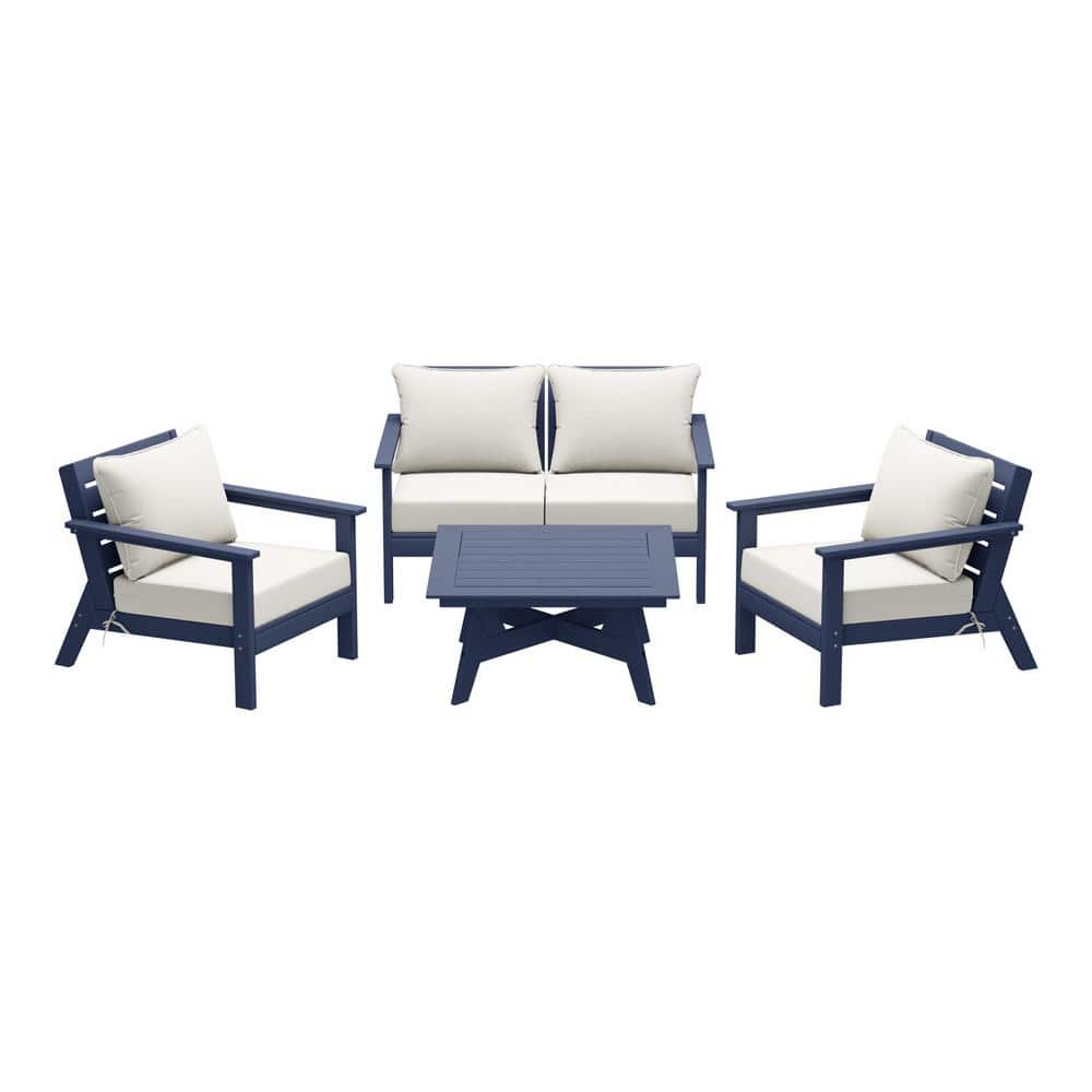 Birchwood Navy Blue Arrangeable 5-Piece Outdoor Patio HDPE Deep Seating Conversation Lounge Set w/ White Cushions price history on PriceWatchPro