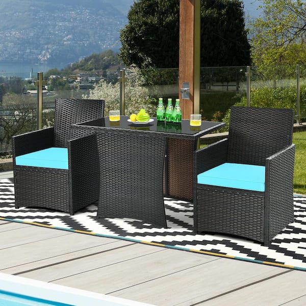 Unbranded 3-Piece Outdoor Wicker Rattan Patio Conversation Set with Turquoise Cushions