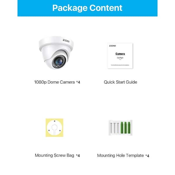 ZOSI 4Pcs 2MP Hardwired Hybrid 4 in 1 TVI CVI AHD CVBS Security