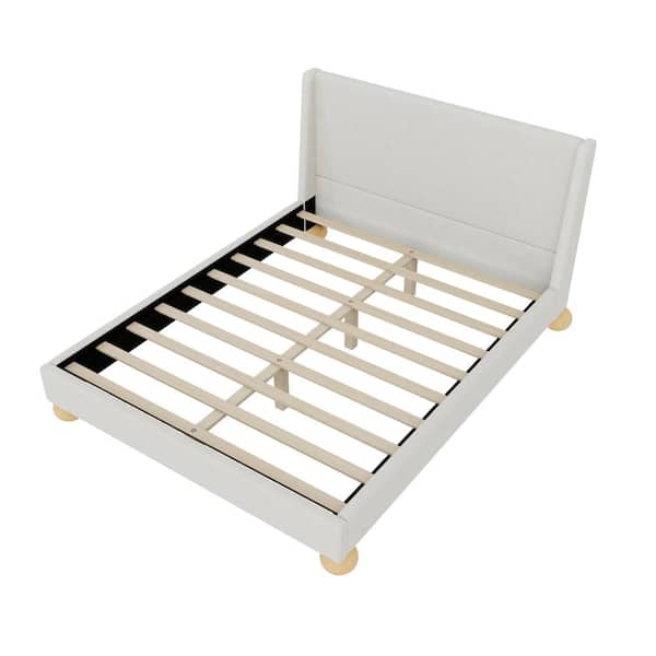 Unbranded Modern Beige Wood Frame Queen Size Velvet Upholstered Platform Bed Frame with Wingback Headboard and Round Wooden Legs