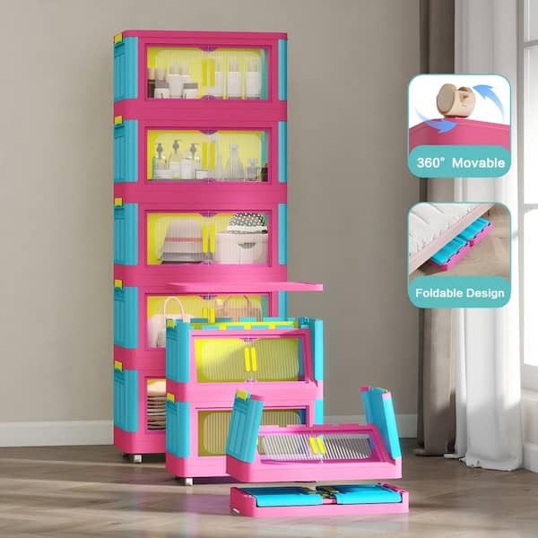 Pink Plus Blue 50 in. H 5-Tiers Folding Collapsible Storage Cabinet with Door, Plastic Storage Cabinet with Wheels