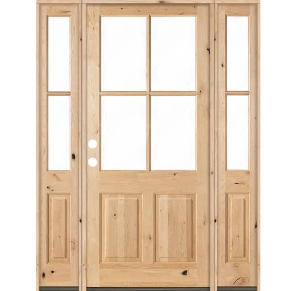 Krosswood Doors 60 in. x 96 in. Knotty Alder Right-Hand/Inswing 4-Lite Clear Glass Unfinished Wood Prehung Front Door/Double Sidelite