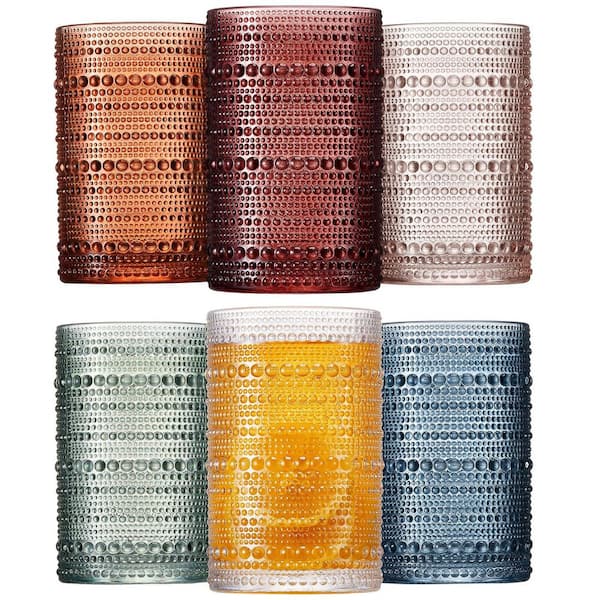 12 oz. Vintage Embossed Dot Pattern Multicolor Drinking Glasses Set of 6, Textured Gradient Color Kitchen Glassware