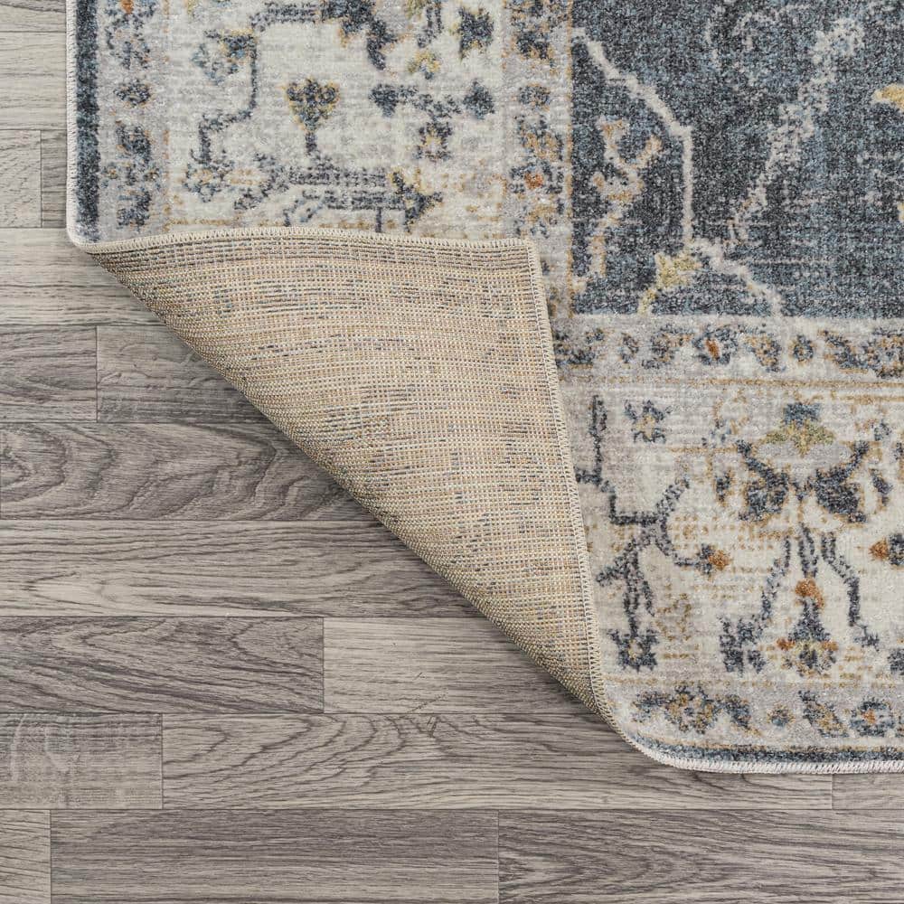 Dark Gray and Cream 8' x 10' Reversible Washable Synthetic Area Rug