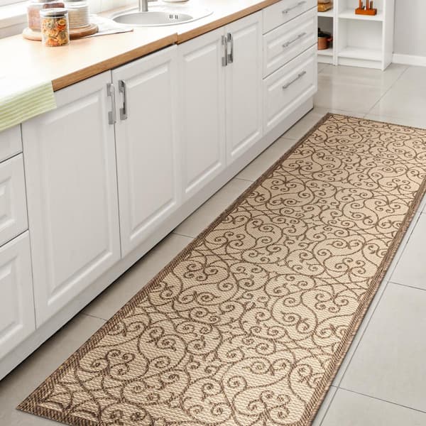 JONATHAN Y Madrid Vintage Filigree Textured Weave Beige/Brown 2 ft. x 10 ft. Indoor/Outdoor Runner Rug