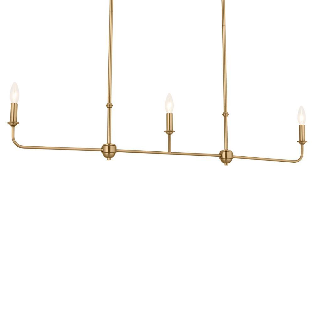Brushed Natural Brass 3-Light Linear Chandelier with Fabric Shades