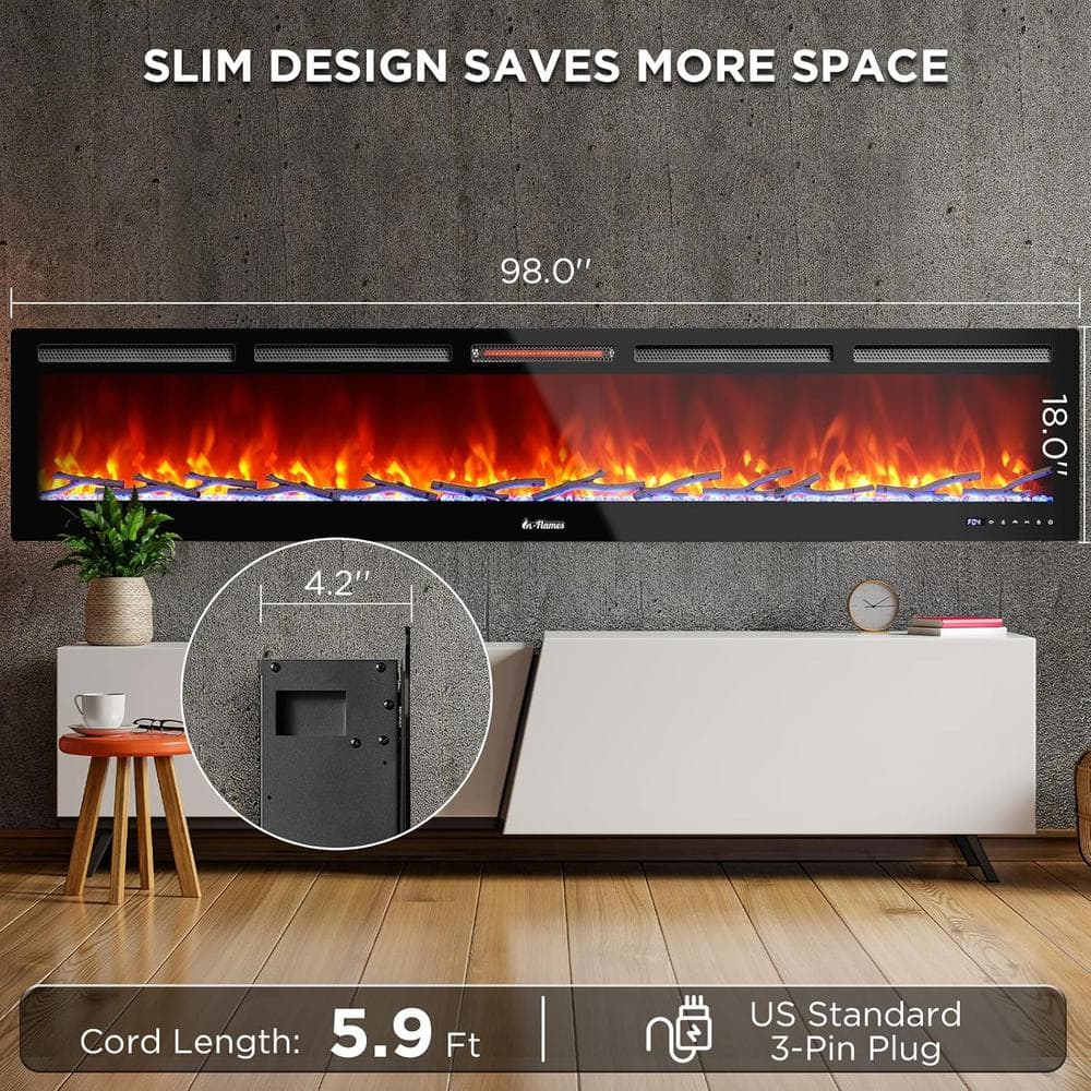 98-Inch Black Smart Wi-Fi Infrared Electric Fireplace with Remote Control