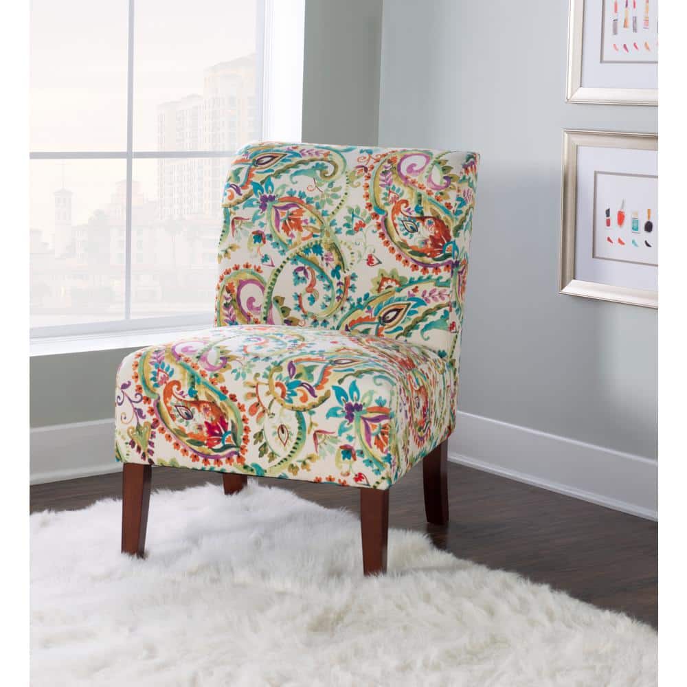 Julie Red and Blue Floral Slipper Accent Chair with Walnut Legs