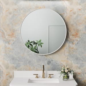 BELLA 28 in. W x 28 in. H Round Aluminum Framed Wall-Mounted Bathroom Vanity Mirror in White