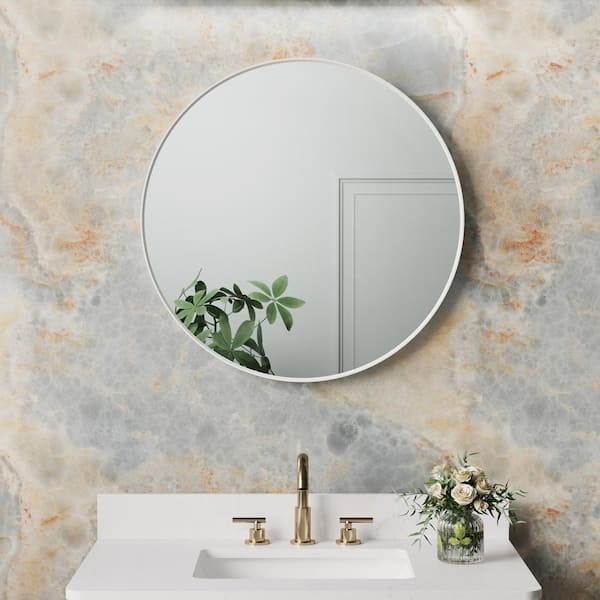 WELLFOR BELLA 28 in. W x 28 in. H Round Aluminum Framed Wall-Mounted Bathroom Vanity Mirror in White