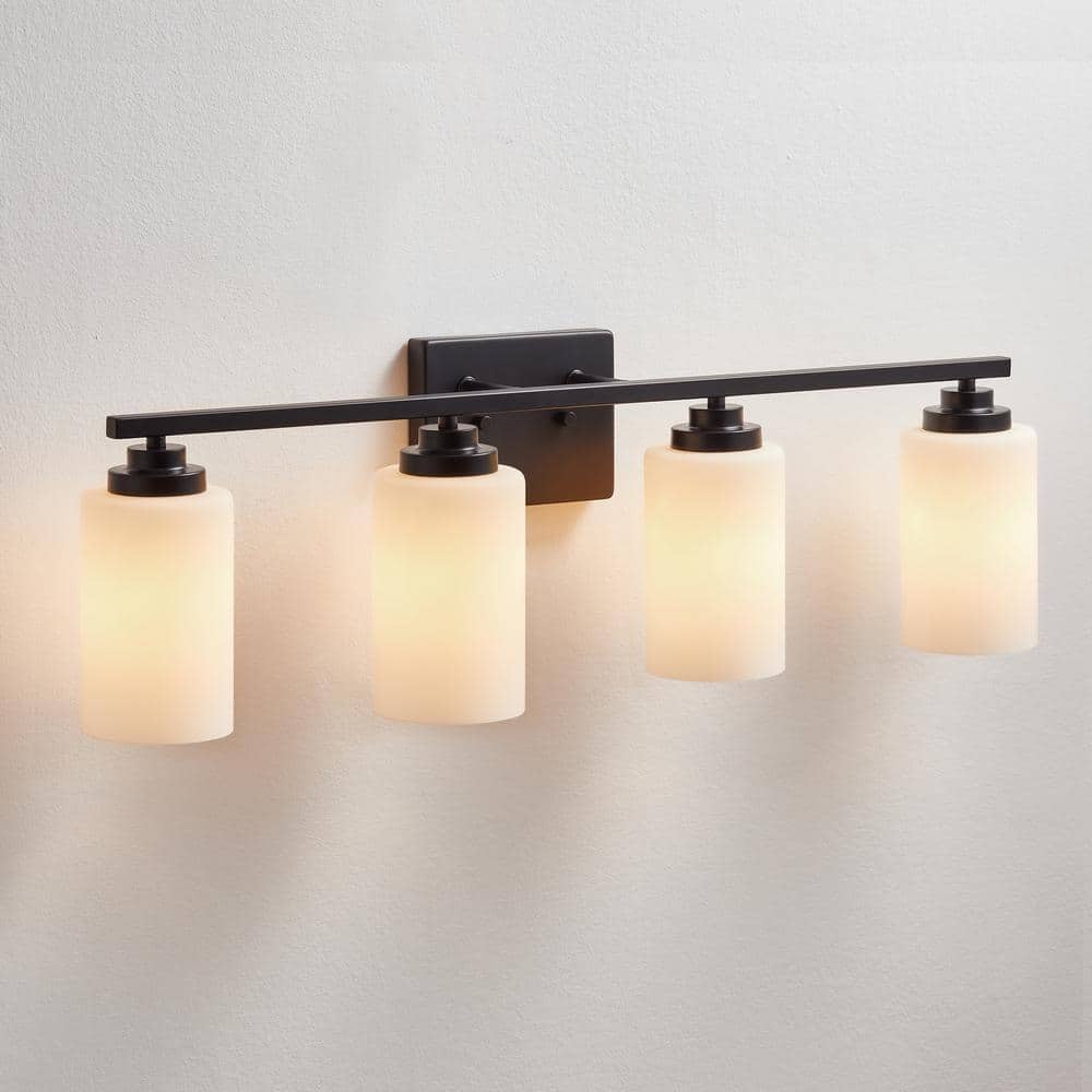 30 in. Black Steel 4-Light Dimmable Vanity Light with Frosted Glass Shades