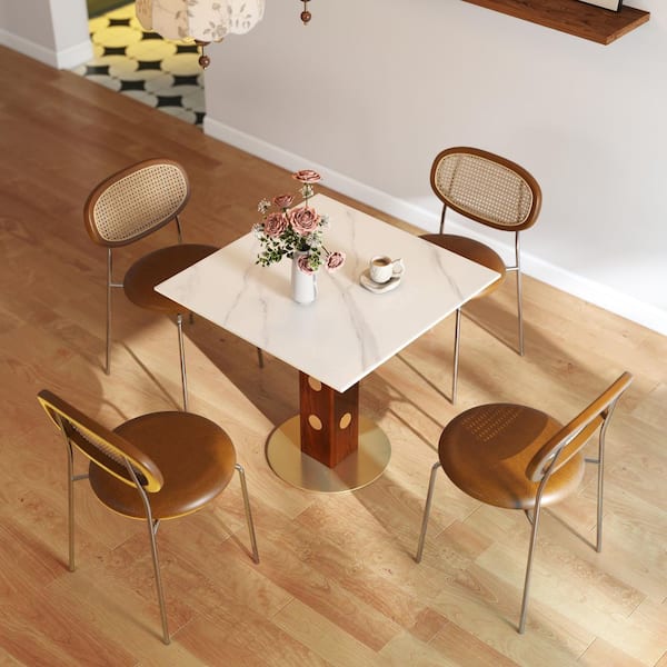 33 in. W Square White Sintered Stone with Solid Wood Pedestal Dining Table for Bistro, Dining Room, Terrace (Seats 2)