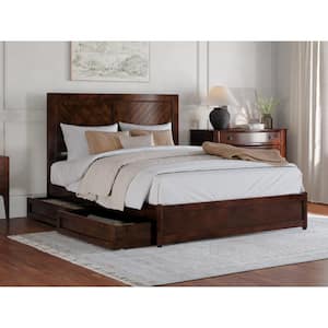Clayton Walnut Brown Solid Wood Frame Queen Platform Bed with Panel Footboard and Storage Drawers