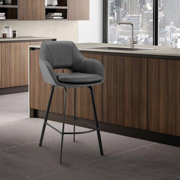 Armen Living Aura 30 in. Gray/Black Low Back Metal Swivel Bar Stool with Faux Leather Seat