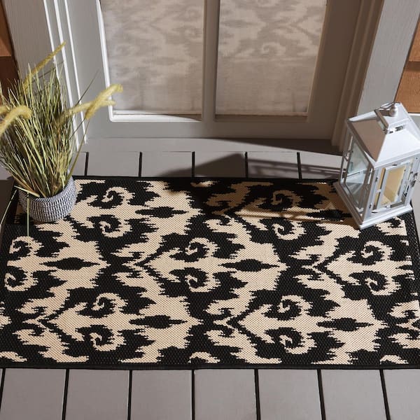 Courtyard Black/Beige 2 ft. x 4 ft. Abstract Geometric Indoor/Outdoor Area Rug