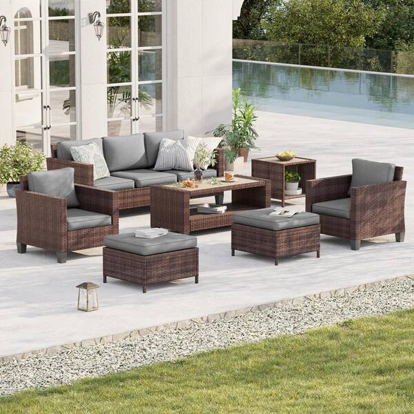 Sonkuki 7-Piece Patio Conversation Set Brown Wicker Outdoor Furniture Set Three-Seat Sofa Thickening Cushions, Gray