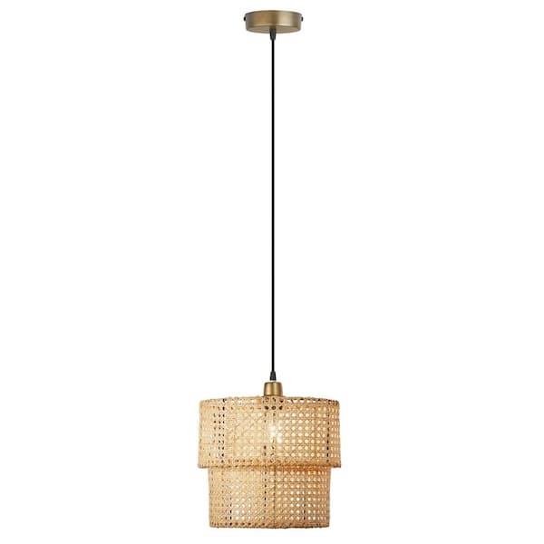 River of Goods Bex 1-Light Gold Shaded Metal Pendant with Tan Rattan Drum Shade