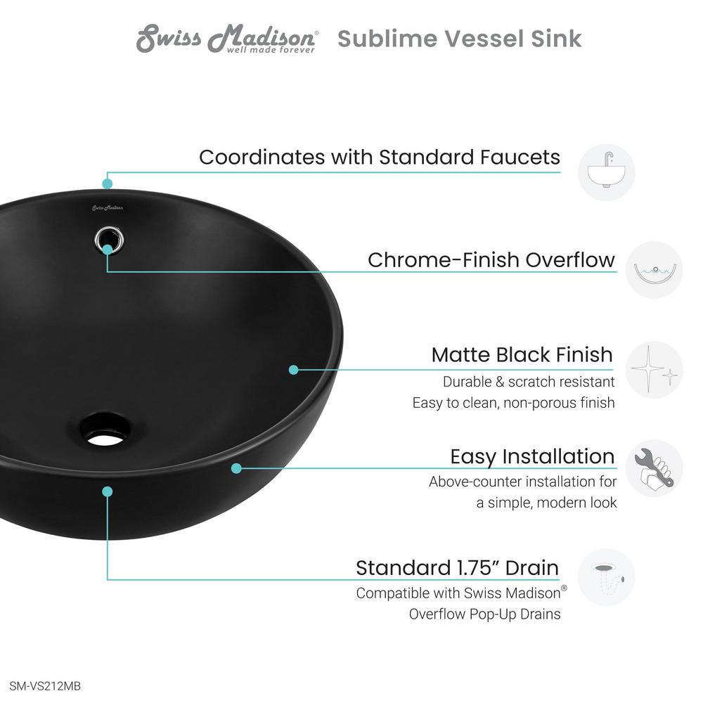 Matte Black Ceramic Round Above-Counter Vessel Sink