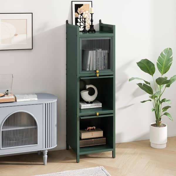 CSC DECOR INC Green 47 in. Glass Door Iron Storage Cabinet with 4-Tier Storage Accent Bookcase 3-Tier Display Cabinet Bathroom Cabinet