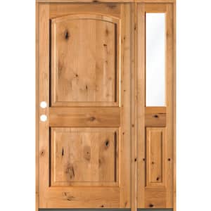 56 in. x 80 in. Knotty Alder 2 Panel Right-Hand/Inswing Clear Glass Clear Stain Wood Prehung Front Door with Sidelite