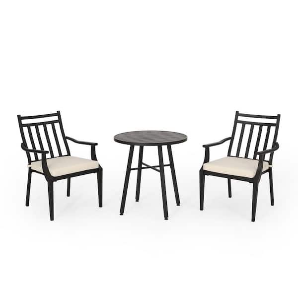 Zeus & Ruta 3-Piece Black Metal Patio Conversation Set with Beige Cushions and Round Coffee Table for Porch, Balcony, Poolside