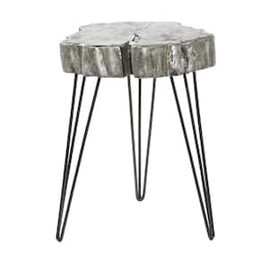 19 in. Gray Tree Trunk Large Round Polystone End Accent Table with Black Hairpin Legs