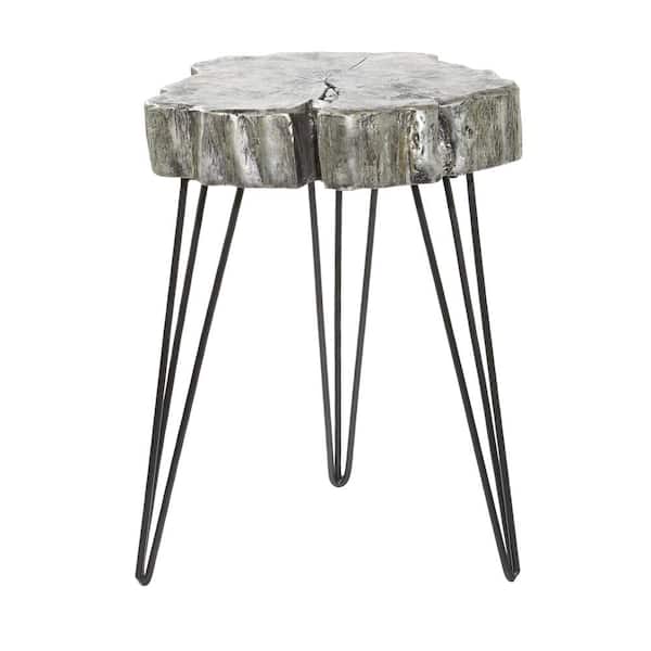 Litton Lane 19 in. Gray Tree Trunk Large Round Polystone End Accent Table with Black Hairpin Legs